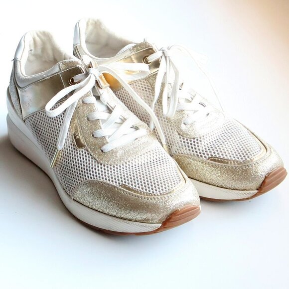 Michael Kors White & Gold Sparkly Glitter Lace-up Wedge Sneakers Size 11 - Picture 1 of 16